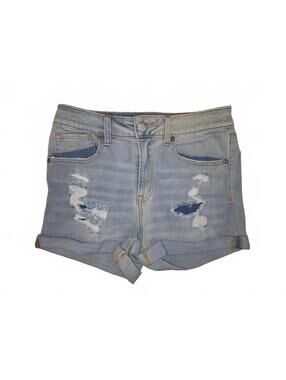 Aeropostale High Rise Midi Distressed Light Wash Denim Shorts Size 8